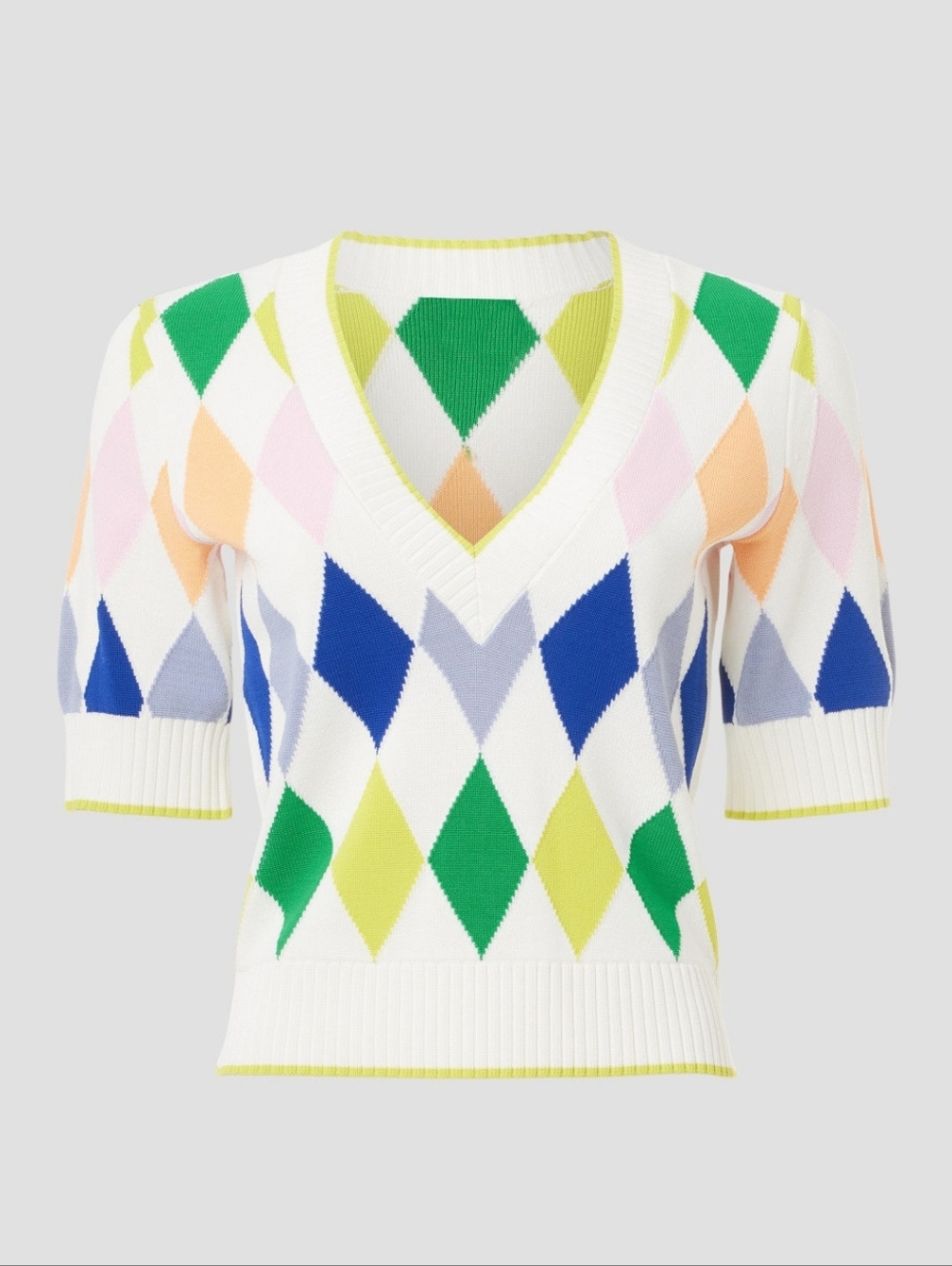 Kate Spade New York Spring Argyle Sweater Short Sleeves V-neck Size M